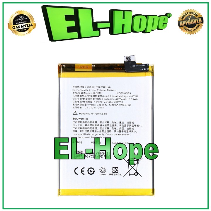 Batterie BLP819 pour Oppo Reno 6Z 5G CPH2237 4310 mAh, qualite' e'quivalente a' le originale