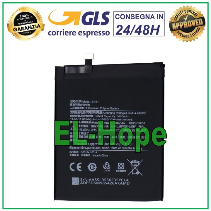 Batterie BN31 pour Xiaomi Mi A1, Mi 5X, Redmi S2 / Redmi NOTE 5A, 3080 mAh