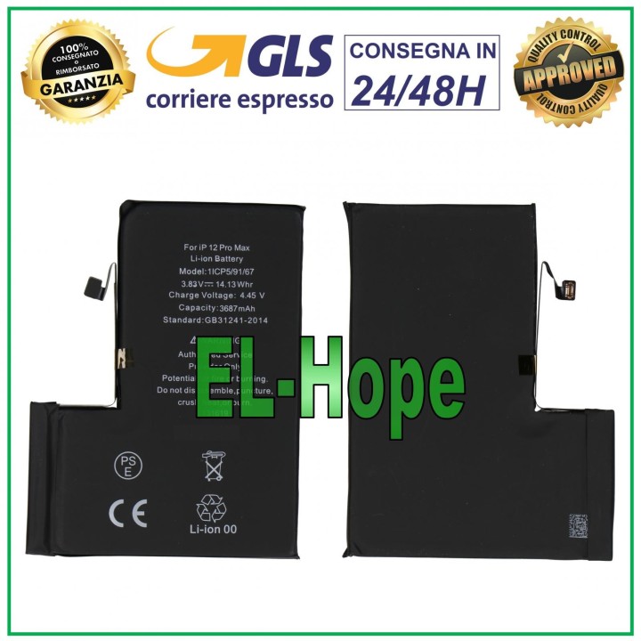 Batterie de remplacement pour iPhone 12 Pro Max A2466 3687 mAh 4,45 V