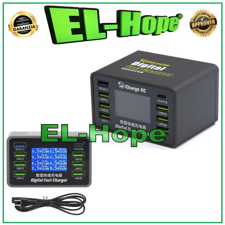 Chargeur nume'rique me'canique 8C 8A, ports USB Type-C QC3.0, testeur de charge rapide