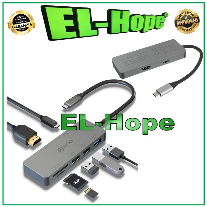 Adaptateur multiport USB 7 en 1 PRIO avec lecteur de cartes SD et TV HD pour PC et ordinateur portable