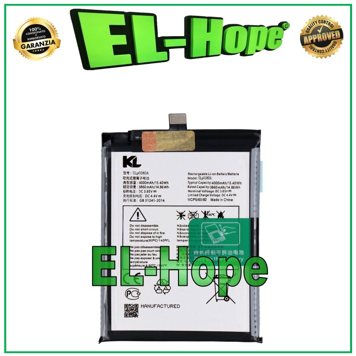 Batterie TLP038DA pour TCL 205 4187D 4000 mAh, equivalente a l originale